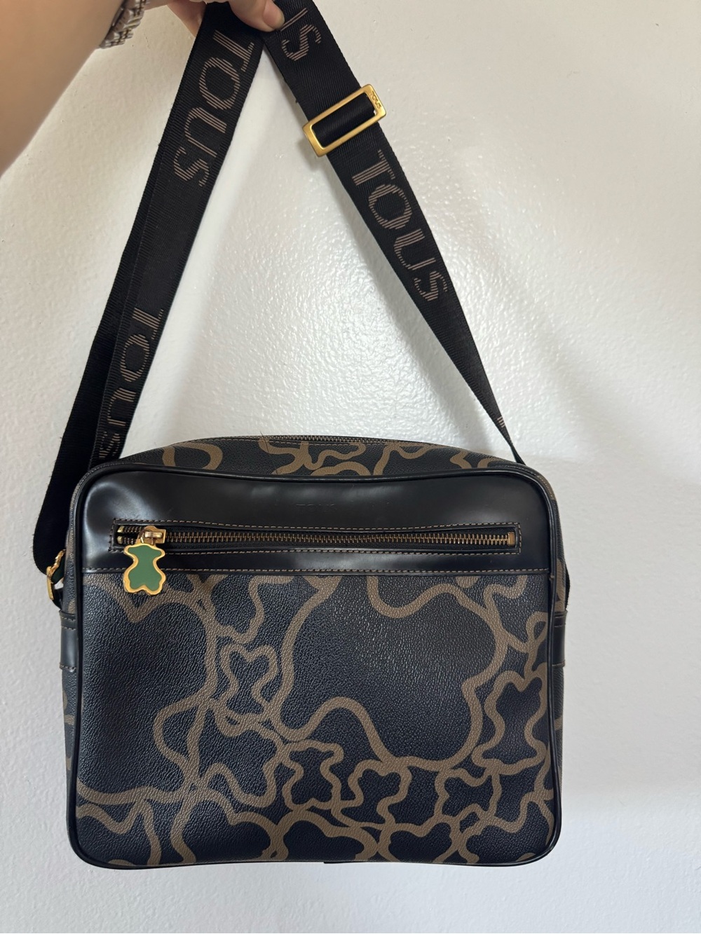 Tous Shoulder Bag Black Brown Bear Pattern PVC Leather Square Crossbody